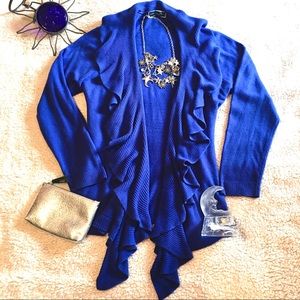 Karen Scott Luxsoft Blue Ruffled Cardigan Sweater